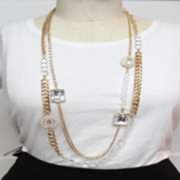 Bijou 36 inch 2 row clear beads with gold link chain necklace - Picture 14 of 14
